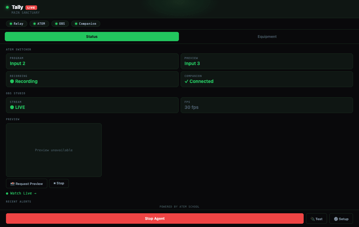 Tally status dashboard showing live stream status, connected devices, and camera preview